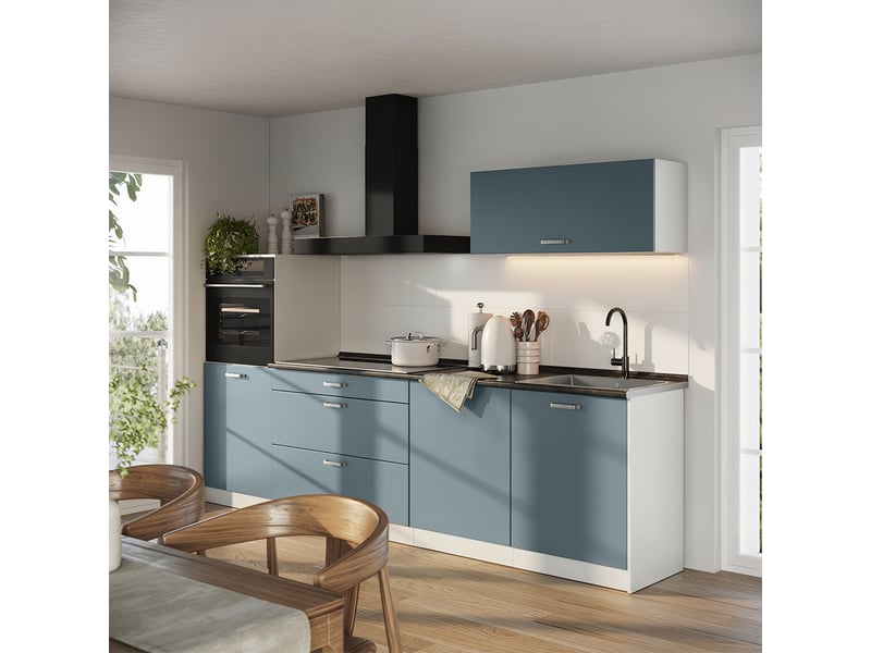 Vicco cuisine, bleu-grisblanc, 280cm plan de travail anthracite - Conforama C