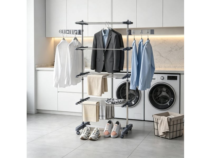  Étendoir à linge pliable à 4 niveaux sur roulettes en acier inoxydable et abs gris  - Conforama B