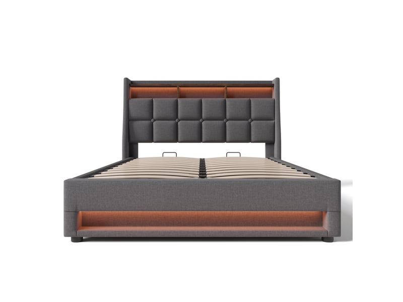  Lit coffre 140x200cm avec éclairage led, port usb, élégant et tendance, style moderne, incluant un matelas, lin, gris  - Conforama D