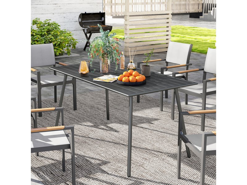 Table à manger de jardin pour 6 personnes avec plateau à lattes, 150x80x74cm, gris - Conforama C