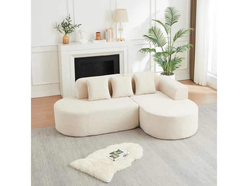 Canapé d'angle 4 places avec méridienne et trois coussins, dossier incurvé en velours côtelé beige, 220 × 155 × 70 cm - Conforama B