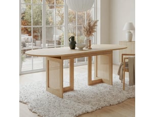 Table de salle à manger extensible 6 à 8 personnes, plateau arrondi, pieds en rotin, mdf chêne clair 120160 × 80 cm