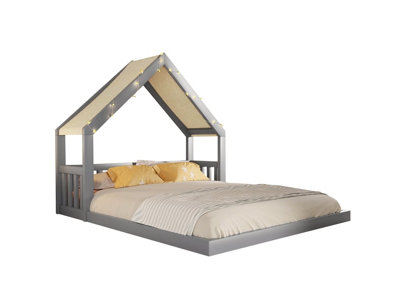  Lit cabane enfant 140x200 cm avec toit en tissu et guirlande lumineuse, gris, sans matelas  - Conforama A