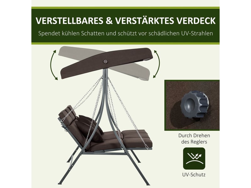  Banc de jardin 3 places, banc d'extérieur balancelle avec toit pare-soleil réglable, coussins, métal et texteline, 270 kg, marron  - Conforama E