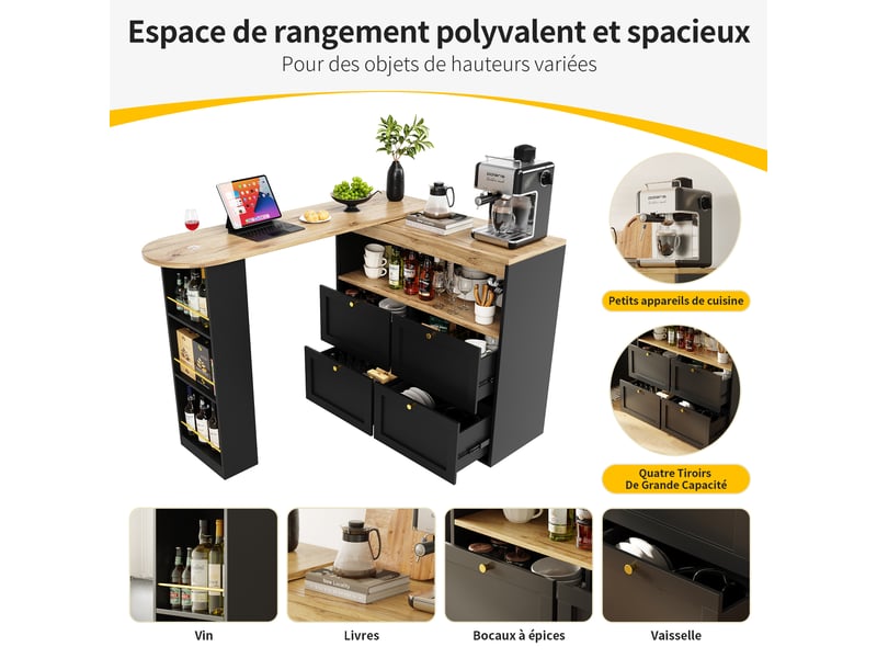  Table de bar 105 x 39 x 102 cm avec 4 tiroirs, rangements ouverts et plateau pivotant à 360°, noir  - Conforama E