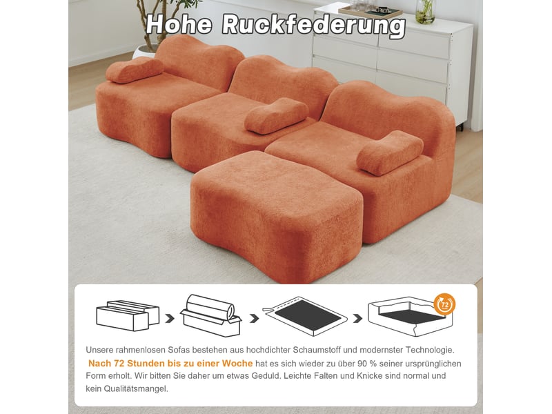 Canapé d'angle modulable 3 places en velours orange avec ottoman, silhouette vague, confort quotidien - Conforama D