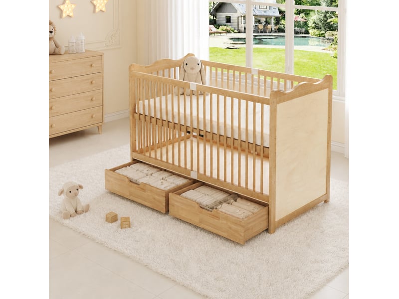  Lit bébé à barreaux 146x75x100 cm couchage 140x70 cm 4 hauteurs 2 tiroirs à roulettes bois naturel sans matelas  - Conforama B