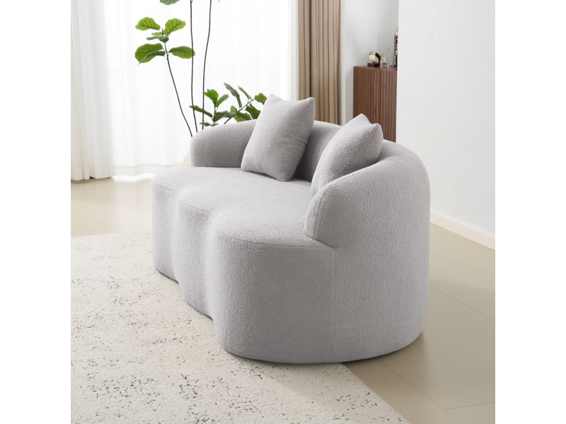 Canapé 2 places courbé en tissu bouclé – canapé compression avec coussins inclus, assise confortable, mousse haute résilience – gris clair - Conforama E