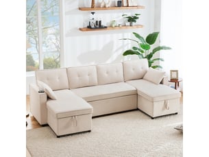Canapé convertible en u 45 places 270x130 cm, canapé-lit en tissu aspect lin avec rangements, porte-gobelets, 2 coussins - beige