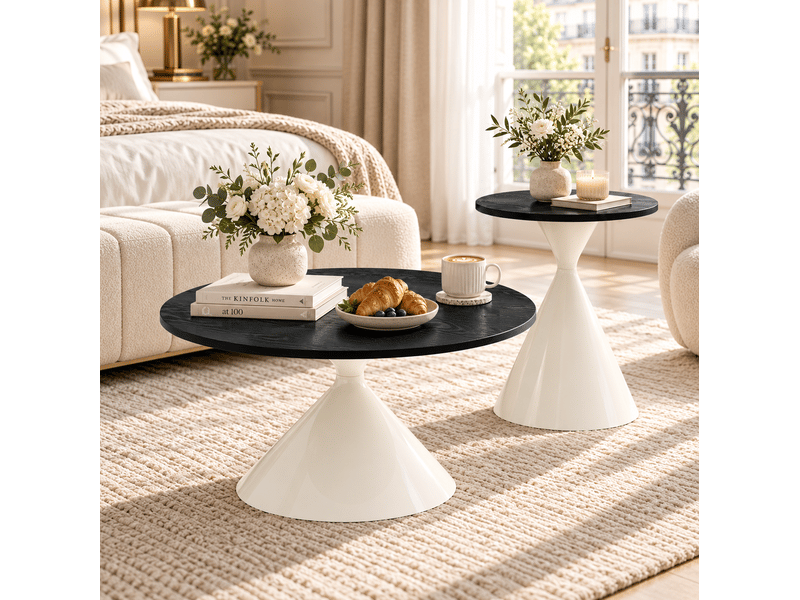 Set de 2 tables basses et d’appoint rondes ø70x40 et ø50x55 cm, métal blanc et noir - Conforama C