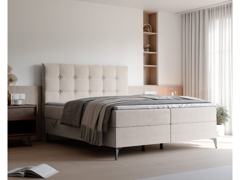 Lit coffre bailey - 180x200 cm - avec matelas et surmatelas - velours dense - crème BAILEY - Conforama B