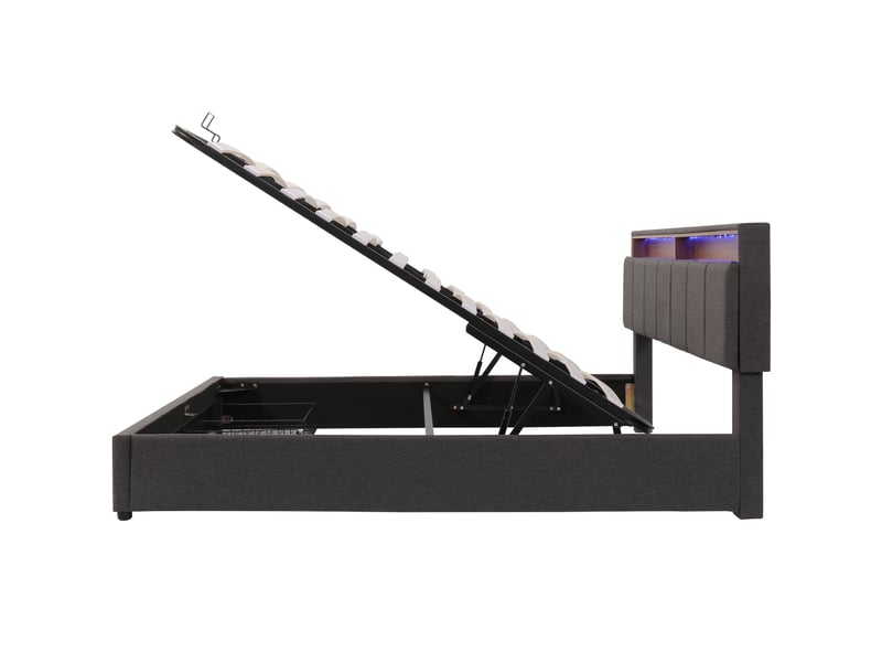  Lit rembourré avec éclairage led, lit coffre hydraulique avec coffre de lit, tiroirs et compartiments de rangement, tête de lit en mousse escamotable, lit double avec cadre en acier, linge de lit, 160 x 200 cm, gris  - Conforama E