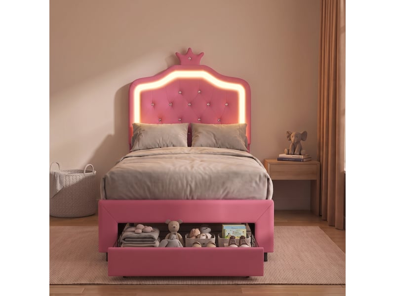  Lit simple 90x200 cm avec sommier, lit enfant avec tiroir et led, lit capitonné, tête de lit coquillage réglable, rose  - Conforama B