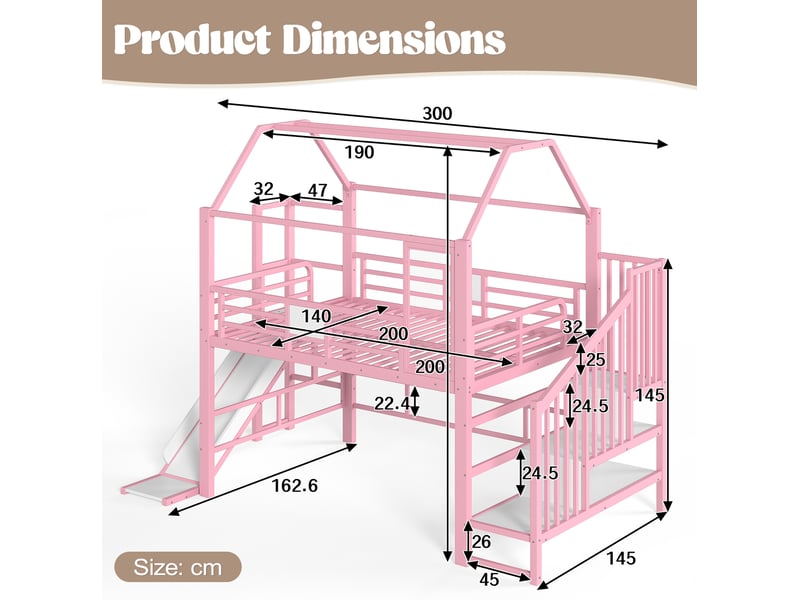  Lit mezzanine enfant tcqpz maison 140 x 200 cm avec toboggan escalier rangement led bluetooth rose  - Conforama C