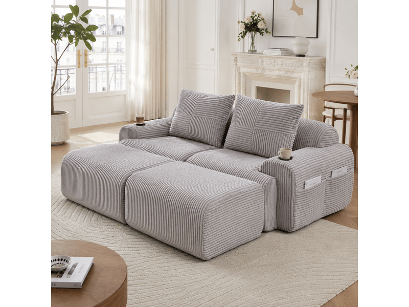  Canapé modulable, canapé de salon, gris clair, porte-gobelets, mobilier pour espace de vie, en velours tricoté  - Conforama R