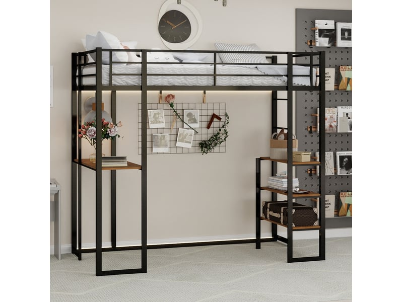  Lit mezzanine 90x190 cm avec bureau et rangements en fer noir  - Conforama C