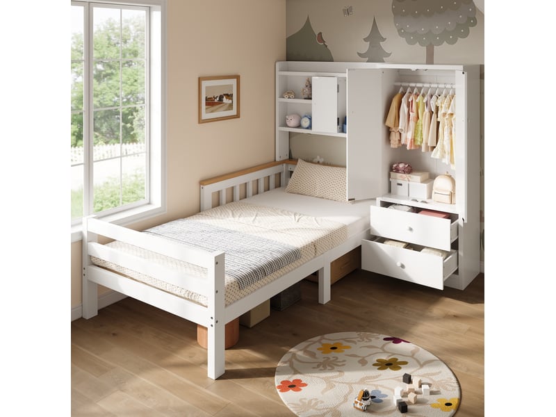  Lit enfant multifonctionnel tcqpz 90 x 200 cm avec armoire, tiroirs et étagères blanc  - Conforama B