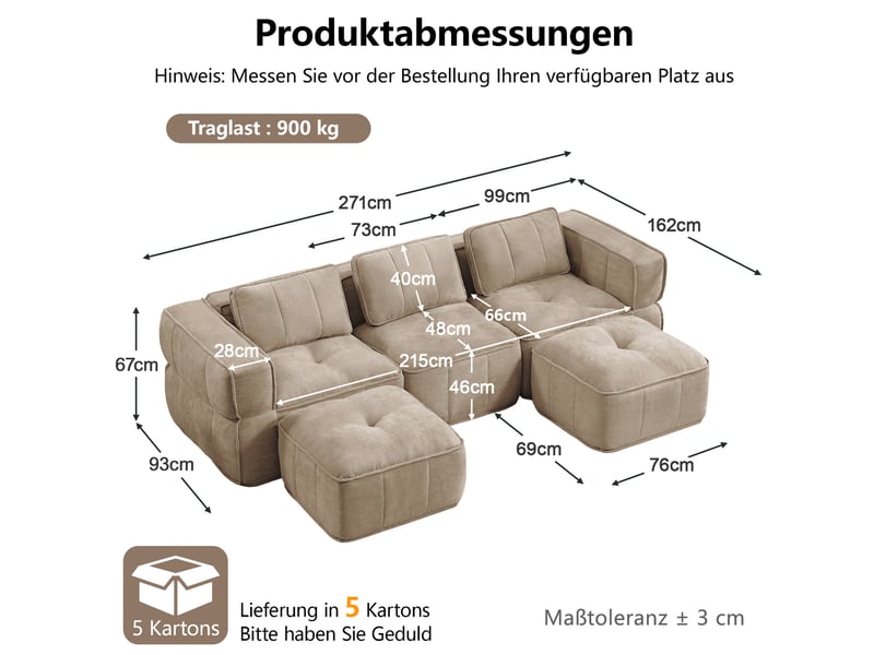  Canapé modulaire en u 3 places avec 2 poufs, assise profonde sans structure rigide en polyester beige sable  - Conforama C