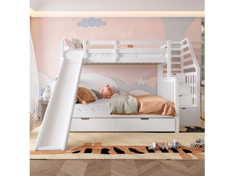  Lit superposé enfant 90x200 et 140x200 cm blanc avec toboggan et rangements  - Conforama D