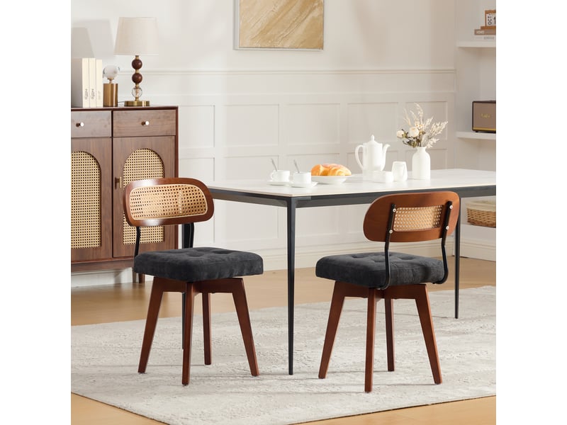 Lot de 2 chaises pivotantes 360° rotin et chenille noire, h77 cm Fay Lum - Conforama E