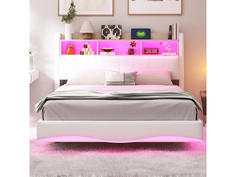 Lit double rembourré 140 x 200 cm effet flottant avec led, usbusb-c et rangement de tête de lit, tissu effet lin beige Fay Lum - Conforama D