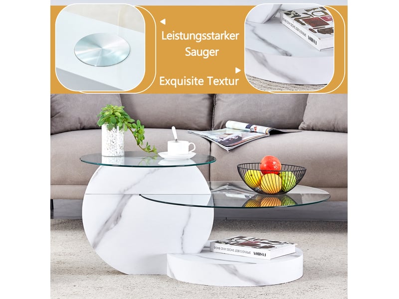  Table basse à deux niveaux en verre de sécurité et mdf blanc effet marbre, 90 x 70 x 44 cm  - Conforama D
