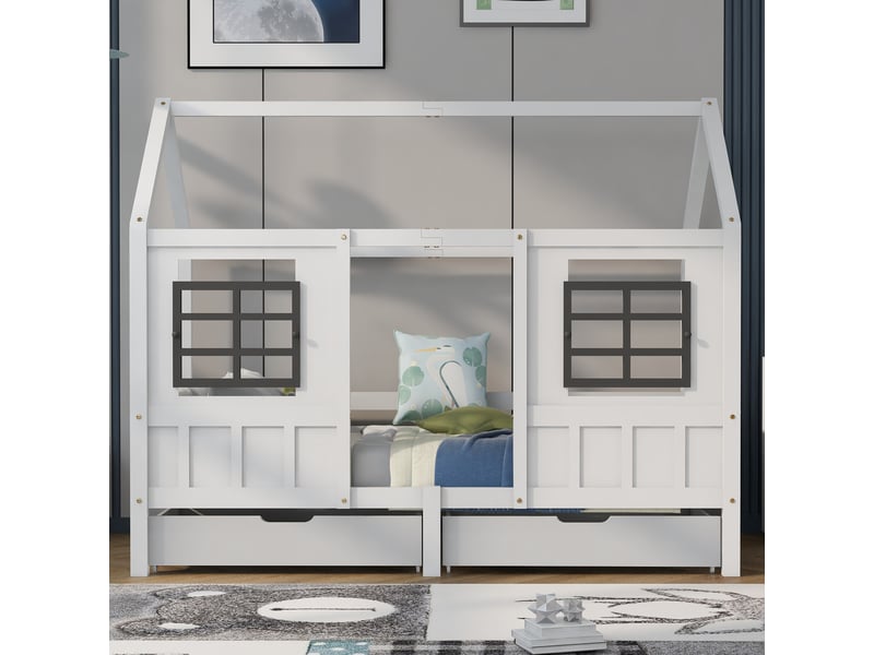  Lit cabane 90x200cm avec 2 tiroirs, lit simple avec cadre de lit en pin, blanc, lit enfant  - Conforama C