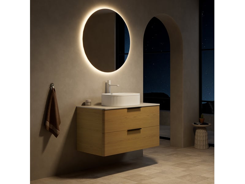  Meuble sous vasque suspendu avec 2 tiroirs, vasque ovale et plan en pierre frittée pour salle de bain 90 × 46 × 62,2 cm  - Conforama E