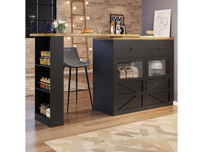  Ilot cuisine, buffet de cuisine avec rangements intégrés, plateau extensible, pivotant à 360°, dimensions 138 à 204 x 39 x 104 cm, mdf, noir  - Conforama D