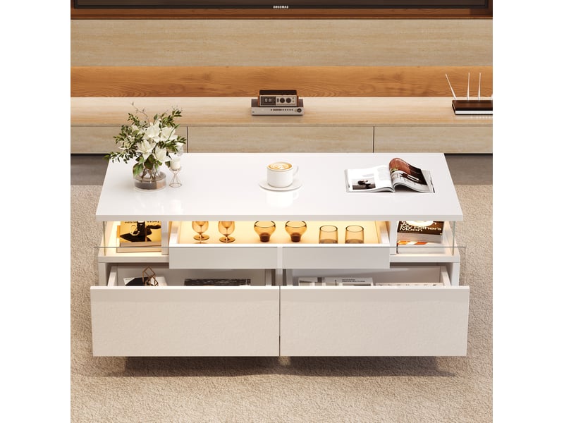 Table basse 90x45x35,5cm plateau amovible 2 tiroirs acrylique verre trempé led pilotable panneau de particules blanc  - Conforama E