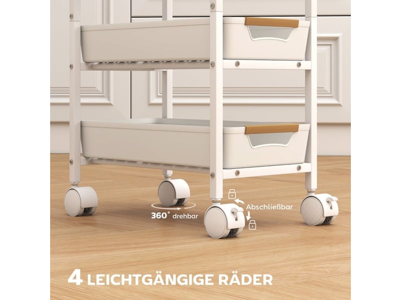 Chariot de cuisine cinq niveaux de rangement quatre tiroirs cadre métal aspect bois coloris blanc - Conforama E