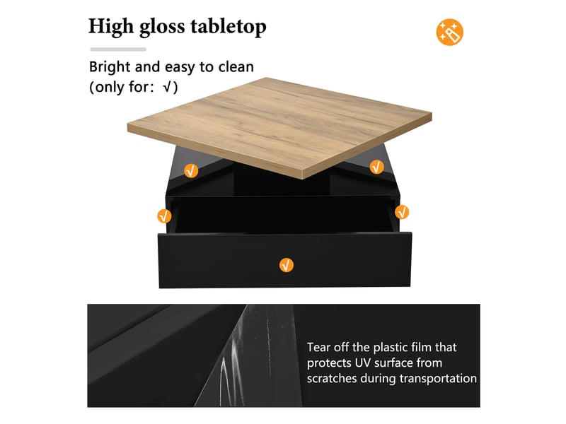  Table basse 70x70x36 cm pivotante à 360° avec tiroir dissimulé, panneau de particules, finition noyer et laqué noir  - Conforama R
