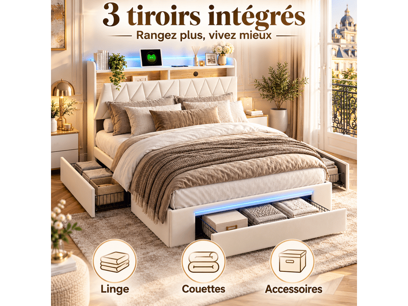  Lit 2 personnes 160x200cm avec 3 tiroirs, lit adulte avec led et ports usb type-c, lit capitonné avec sommier à lattes et tête de lit rembourré , cadre de lit fonctionnel, rangement de chevet, étagères , velours, beige - sans ma…  - Conforama R
