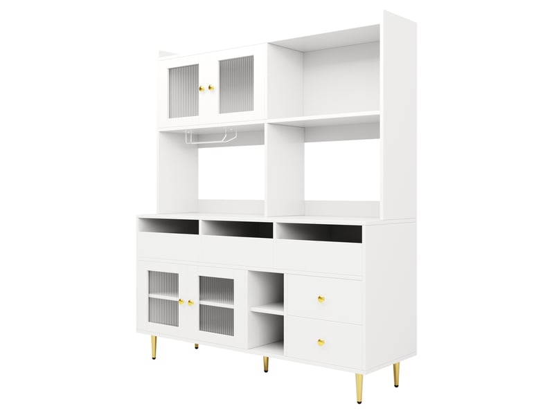 Buffet haut 145 x 39 x 171 cm – blanc et doré – portes en verre strié, range-bouteilles et tiroirs - Conforama D