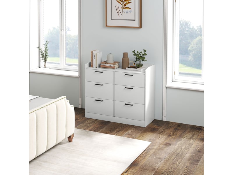 Commode en bois à 6 tiroirs, bords relevés et poignées en forme de u, 100 x 40 x 88 cm, blanche  - Conforama D