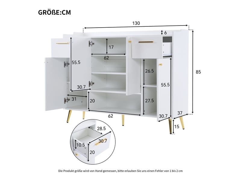  Meuble à chaussures l130xp37xh100 cm, armoire à chaussures 2 tiroirs 4 portes, compartiment ouvert, pieds métal hauts, construction durable, blanc  - Conforama C