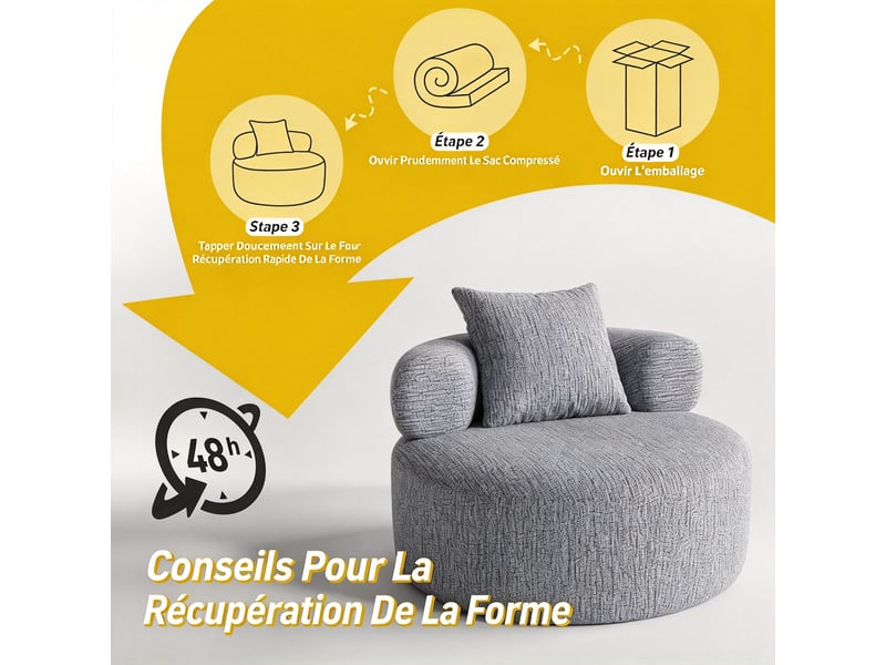  Fauteuil rond 1 place 100 x 100 x 65cm - chenille gris - mousse haute densité, coussin inclus pour salon, sans montage DJ-W3463P49987123-ZMS - Conforama E