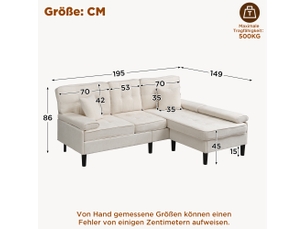 Canapé d'angle, transformable en lit, en tissu chenille, coloris beige clair, l195 x p149 x h86 cm, pour salon