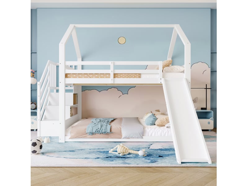  Lit superposé enfant 140x200 avec escalier de rangement et toboggan evryae  - Conforama D