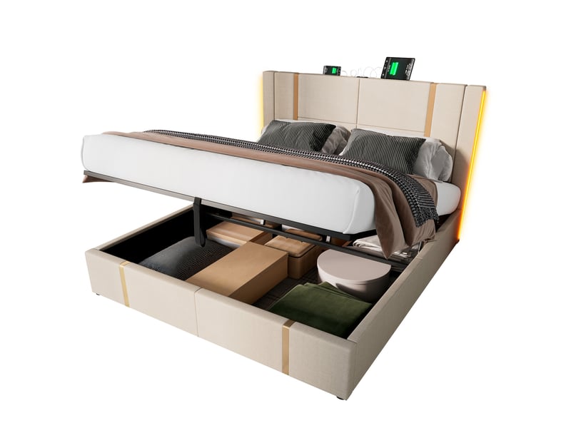  Lit coffre 140 × 200 cm 2 places avec led rgb, usb et type-c, rangement hydraulique, matelas inclus, beige  - Conforama A