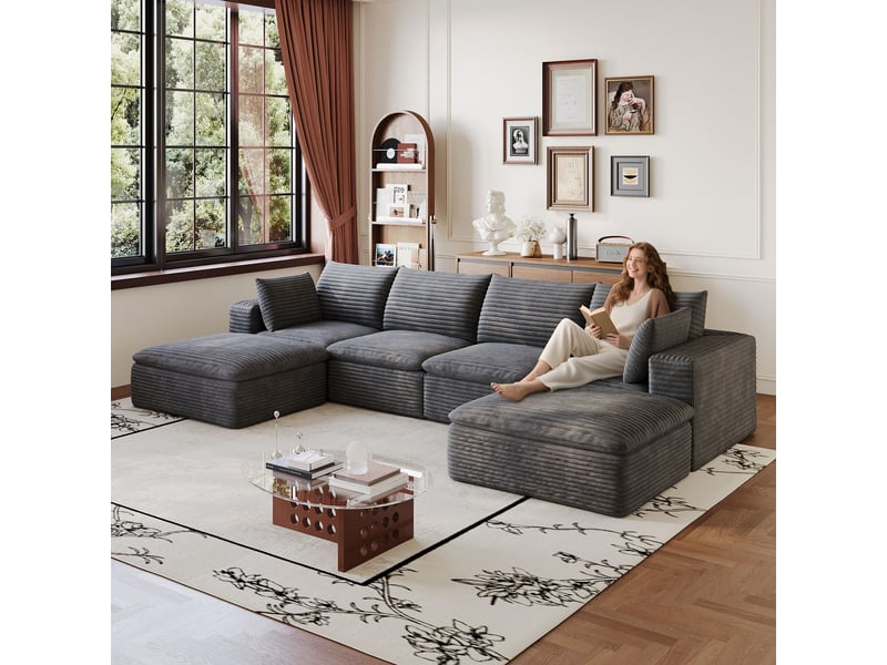  Canapé modulable cloud en velours côtelé gris foncé, tout mousse, compressé, sans montage, 340 x 160 x 60 cm IKSETERA TRADING LTD - Conforama E