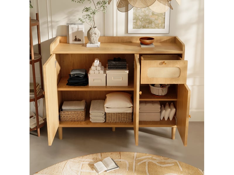  Buffet modenvie 120 x 40 x 91 cm 3 portes 1 tiroir mdf décor chêne clair cannage  - Conforama B