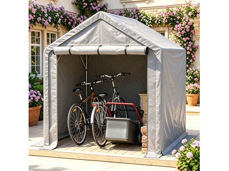  Abri de rangement mobile gris 190 x 170 x 200 cm en pe avec cadre en acier galvanisé et porte enroulable  - Conforama B