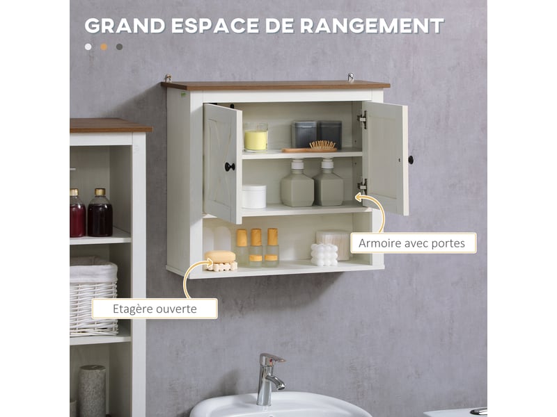  Armoire murale, armoire salle de bain avec placard à portess et compartiment ouvert, blanc, dim. 60 x 19,5 x 52,5 cm  - Conforama A