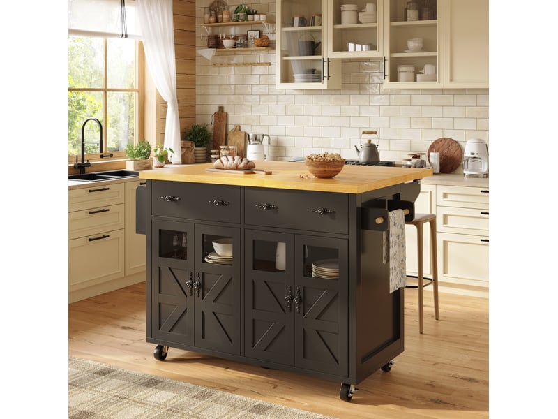 Îlot de cuisine mobile noir 140 cm, desserte extensible avec rangement et freins  - Conforama E