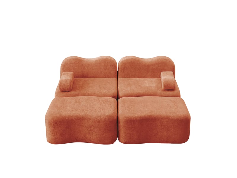 Canapé modulable 2 places orange en velours avec 2 poufs, confort en mousse haute densité pour salon - Conforama A
