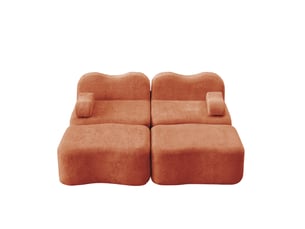 Canapé modulable 2 places orange en velours avec 2 poufs, confort en mousse haute densité pour salon