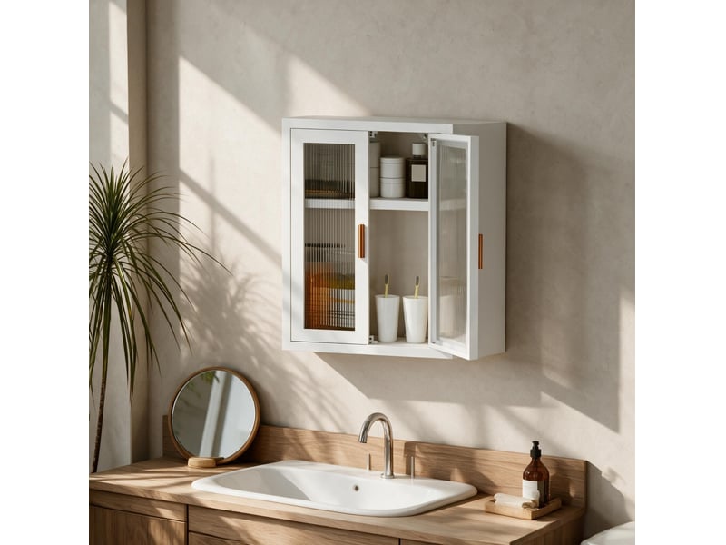  Armoire murale de salle de bain blanche en métal et acrylique, 2 portes, étagère réglable, rangement compact  - Conforama E