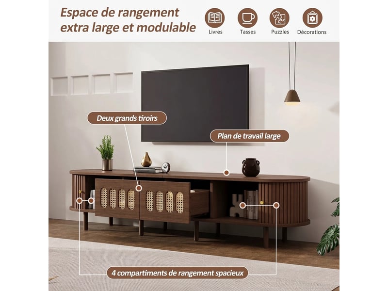  Meuble tv 180 cm noyer et rotin - 2 tiroirs portes coulissantes mdf - pour tv 80 pouces  - Conforama D