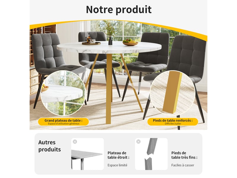 Table à manger ronde 80cm - motif marbre blanc - pieds métal dorés &plateau mdf facile à nettoyer - pour 4 personnes - gain de place 80x80x75cm - Conforama R